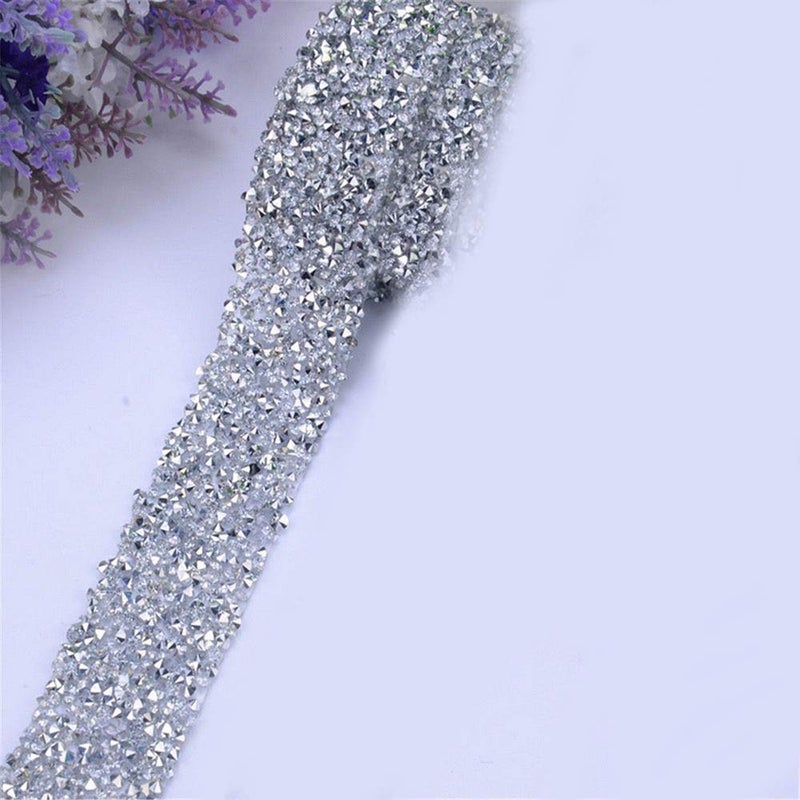 EORTA 1Yard X 3CM Rhinestone Beaded Trim Sparkling Crystal Rhinestone Hotfix Ribbon Iron on Applique Bling Chain Banding Belt for DIY Wedding Bridal Dress Embellishment Phone Wall Decor, Silver - Image 3